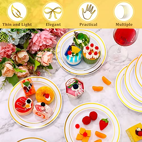 200 Pieces Disposable Plates Plastic Party Plates with Rim Hard Plastic Appetizer Salad Dessert Plates 7.5 Inch Elegant Heavy Duty Plates for Dinner Wedding Party Supplies(Gold Rim)