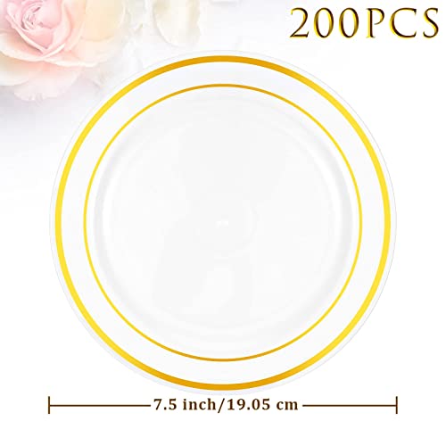 200 Pieces Disposable Plates Plastic Party Plates with Rim Hard Plastic Appetizer Salad Dessert Plates 7.5 Inch Elegant Heavy Duty Plates for Dinner Wedding Party Supplies(Gold Rim)