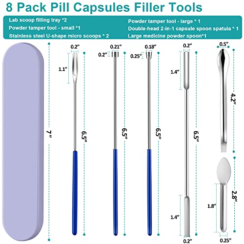 8 Piece Capsule Filling Machine Kits for Empty Pill Capsules Filler, Home & Lab Supplies - Micro Tiny Spoon Spatula, Lab Scoop Filling Tray, Herb Powder Tamper Tool, Gel Capsules Size #000 00 0 1 2 3