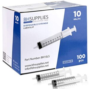 10ml syringe sterile with luer slip tip, bh supplies – (no needle) individually sealed – 100 syringes