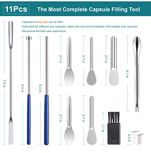 11 Piece Capsule Filling Machine Kit for Pill Filler - Micro lab Spoons Spatula Tool for Gel Capsules Empty Quickly Fill Tray with Herb Powder Tamper Tools All Sizes # 000 00 0 1 2 3 4 5