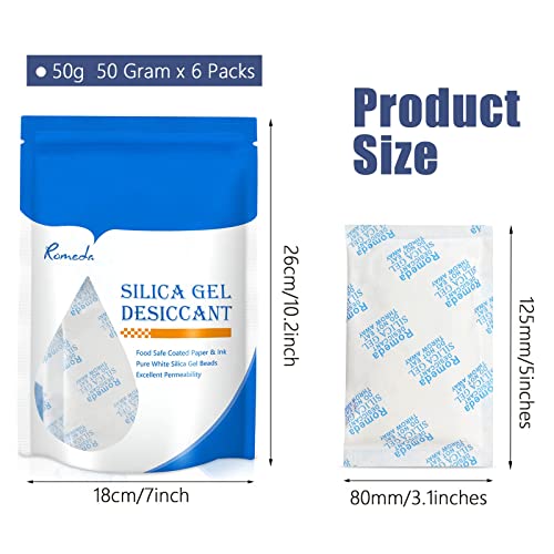 6 Pcs 50 Gram Silica Gel Packs, Transparent Desiccant, Desiccant Packets for Storage, Moisture Packs for Spices Jewelry Shoes Boxes Electronics Storage, Food Safe