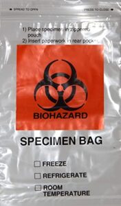 stuff central 100pcs biohazard specimen bags, 6×9.8in/15x25cm laboratory sample bag with biohazard logo printing, ziplock on top (100 pack)