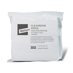 aawipes cleanroom cloth wipes 9″x9″ (bag of 150 pcs) double knit 100% polyester wipers lint free cloths with ultra-fine filaments, laser sealed edge, class 100 cloths, ultra-soft wipes