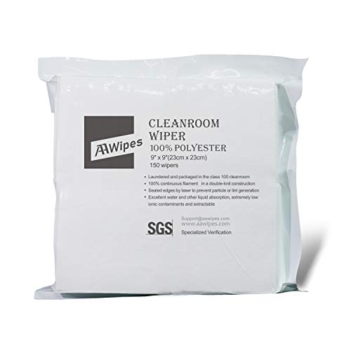 AAWipes Cleanroom Cloth Wipes 9"x9" (Bag of 150 Pcs) Double Knit 100% Polyester Wipers Lint Free Cloths with Ultra-fine Filaments, Laser Sealed Edge, Class 100 Cloths, Ultra-soft Wipes