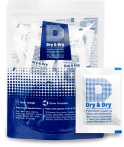dry & dry 5 gram [50 packets] premium pure and safe silica gel packets desiccant dehumidifiers, silica gel packs – rechargeable (food safe) moisture absorbers, desiccant packets