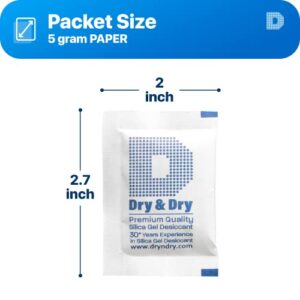 Dry & Dry 5 Gram [50 Packets] Premium Pure and Safe Silica Gel Packets Desiccant Dehumidifiers, Silica Gel Packs - Rechargeable (Food Safe) Moisture Absorbers, Desiccant Packets