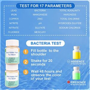 17 in 1 Premium Water Testing Kits for Drinking Water 100 Strips + 2 Bacteria Tests Home Water Quality Test Well and Tap Water Easy Testing for Lead, Bacteria, Hardness, Fluoride, pH, Iron, Copper