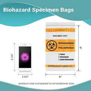APQ Biohazard Specimen Bags 6 x 9, Orange and Black 3-Wall Biohazard Bags 100 Pack, Clear 2 Mil Bio Hazard Bags, Waterproof Plastic Zipper Bags with “Pull Apart to Tear” Line and Document Pouch