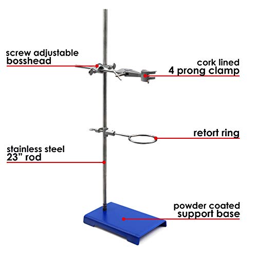 Chemical Resistant Steel Ring Stand Set - Lab Stand Support with Clamp - 8 Inch x 5 Inch Base, 24 Inch Rod - Use as Glass Funnel Stand or Test Tube Holder