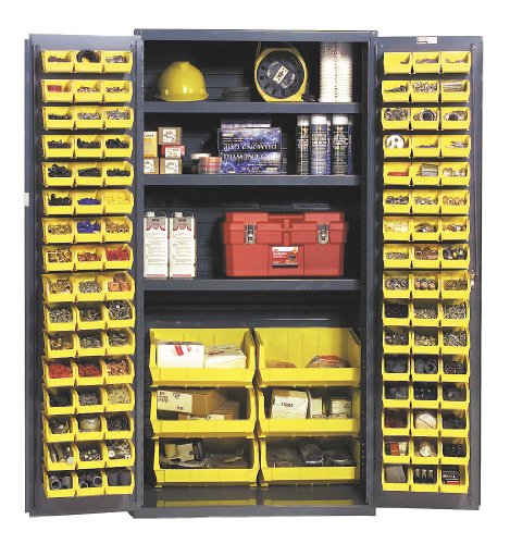 Durham 14 Gauge Welded Steel Heavy Duty Flush Door Style Storage Cabinet with 102 Bins, 3501-BDLP-102-3S-95, 2700 lbs Capacity, 24" Length x 36" Width x 72" Height, 3 Adjustable Shelves