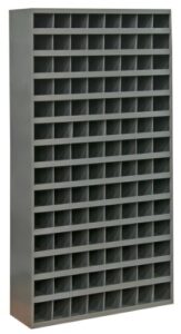 durham 745-95 cold rolled steel opening parts tall bin cabinet with slope shelf design, 12″ length x 33-3/4″ width x 64-1/2″ height, 112 opening bins, gray powder coated finish