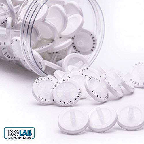 ISOLAB USA - Syringe Filters. Pack of 100. PTFE Membrane 25mm Diameter 0.45um Pore Size Non Sterile. Water, Chemicals and Beverage Filtration.