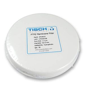 tisch brand sf16015 ptfe polytetrafluoroethylene membrane filter, 1.0um, 82.6mm, 1/pk/50 per pack | wettability: hydrophobic | maximum operating temperature: 130 degrees c |
