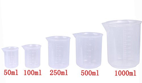 Shapenty 5 Sizes 50ml / 100ml /250ml /500ml /1000ml Capacity Clear Plastic Graduated Measuring Beaker Set Liquid Cup Container, 5PCS