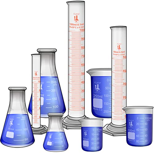 Beaker, Flask, Cylinder Set, 3.3 Boro. Glass - 9 Pieces - Beaker Set, Flask Set, and Graduated Cylinder Set, Karter Scientific 233N2