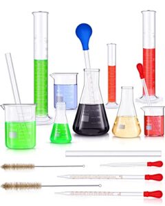 18 pieces lab glassware set beaker flask cylinder set includes 3 glass beakers 3 erlenmeyer flasks 3 graduated measuring cylinders with droppers brushes and glass stirring rod for lab experiment
