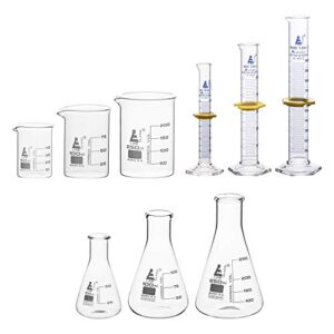 chemistry lab glassware set, 9 pieces – includes 3 beakers, 3 erlenmeyer flasks & 3 astm, class a graduated cylinders – borosilicate 3.3 glass – eisco labs