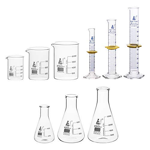 Chemistry Lab Glassware Set, 9 Pieces - Includes 3 Beakers, 3 Erlenmeyer Flasks & 3 ASTM, Class A Graduated Cylinders - Borosilicate 3.3 Glass – Eisco Labs