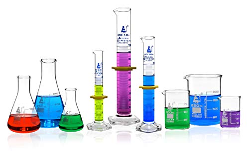 Chemistry Lab Glassware Set, 9 Pieces - Includes 3 Beakers, 3 Erlenmeyer Flasks & 3 ASTM, Class A Graduated Cylinders - Borosilicate 3.3 Glass – Eisco Labs