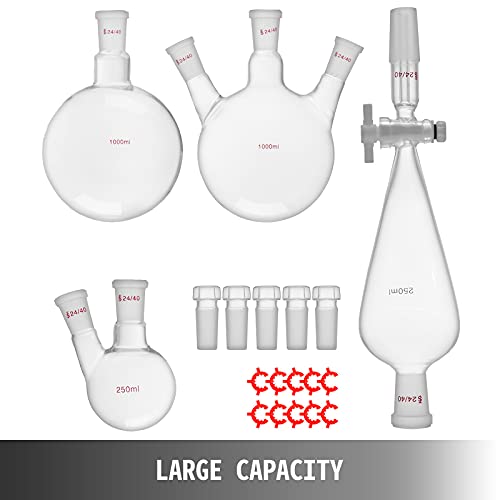 VEVOR New Laboratory Glassware 24/40 Chemistry Glassware 29PCS Chemistry Lab Glassware Kit 250 1000ml for Distillations Separation Purification Synthesis 24/40 29PCS