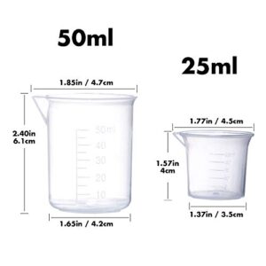 Plastic Beaker Set, 5 Sizes Low Form Measuring Graduated Griffin Polypropylene Beakers in 500 ml, 250 ml, 100 ml, 50 ml, 25 ml for Laboratory, & Science Experiments with 5 Plastic Droppers in 3 ml