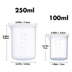 Plastic Beaker Set, 5 Sizes Low Form Measuring Graduated Griffin Polypropylene Beakers in 500 ml, 250 ml, 100 ml, 50 ml, 25 ml for Laboratory, & Science Experiments with 5 Plastic Droppers in 3 ml