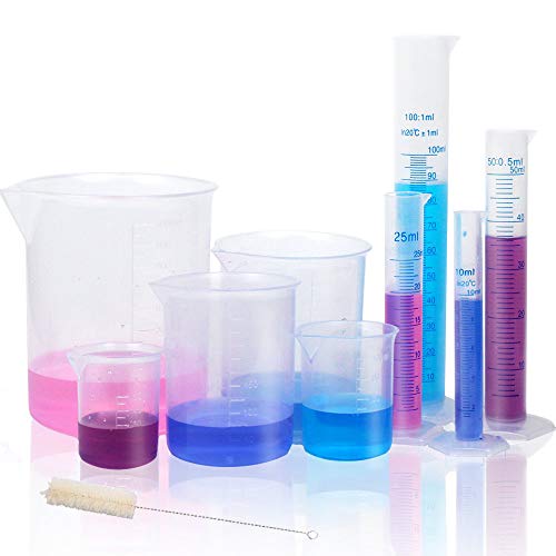 APLANET Plastic Graduated Cylinders and Beakers, 10ml, 25ml, 50ml, 100ml Cylinders with 50ml, 100ml, 250ml, 500ml, 1000ml Beakers and 1 Tube Brush, Ideal for Home and School Science Lab