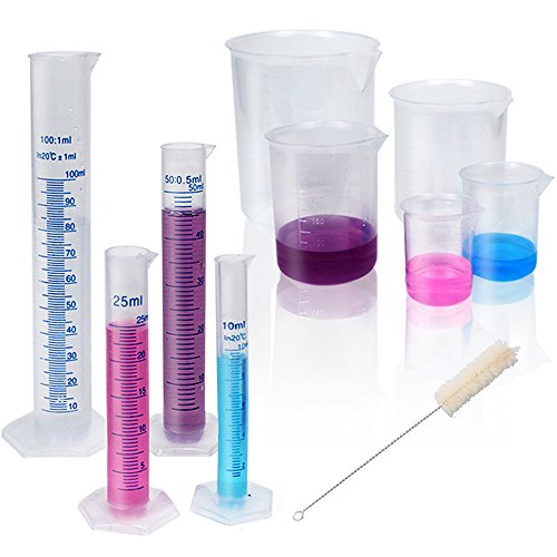 APLANET Plastic Graduated Cylinders and Beakers, 10ml, 25ml, 50ml, 100ml Cylinders with 50ml, 100ml, 250ml, 500ml, 1000ml Beakers and 1 Tube Brush, Ideal for Home and School Science Lab