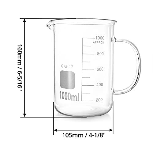 QWORK Beaker with Handle, 1000ml/33.81oz Measuring Cup, Borosilicate Glass,Beaker Mug with Pouring Spout