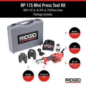 RIDGID 72553, RP 115 Mini Press Tool Kit with 1/2" - 3/4" ProPress Jaws and Carrying Case