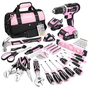 workpro pink home tool kit with drill, 157pcs pink tool set with 20v cordless lithium-ion drill gun, basic drill sets combo kit with wide mouth open tool bag