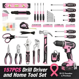 WORKPRO Pink Home Tool Kit with Drill, 157PCS Pink Tool Set with 20V Cordless Lithium-ion Drill Gun, Basic Drill Sets Combo Kit with Wide Mouth Open Tool Bag