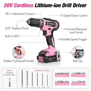 WORKPRO Pink Home Tool Kit with Drill, 157PCS Pink Tool Set with 20V Cordless Lithium-ion Drill Gun, Basic Drill Sets Combo Kit with Wide Mouth Open Tool Bag