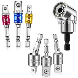 7 pieces power drill sockets adapter set, 3 pieces 1/4 3/8 1/2 inch hex shank socket adapter 3 pieces 360 degree rotatable impact extension 1 piece 105 degree right angle screwdriver drill bit