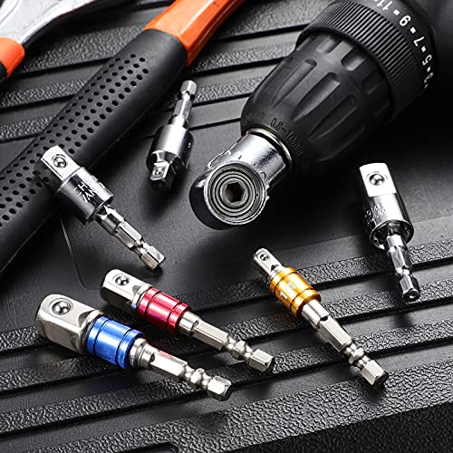 7 Pieces Power Drill Sockets Adapter Set, 3 Pieces 1/4 3/8 1/2 Inch Hex Shank Socket Adapter 3 Pieces 360 Degree Rotatable Impact Extension 1 Piece 105 Degree Right Angle Screwdriver Drill Bit