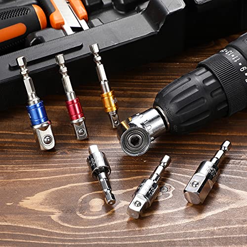 7 Pieces Power Drill Sockets Adapter Set, 3 Pieces 1/4 3/8 1/2 Inch Hex Shank Socket Adapter 3 Pieces 360 Degree Rotatable Impact Extension 1 Piece 105 Degree Right Angle Screwdriver Drill Bit