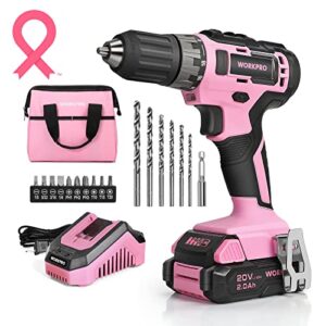workpro 20v pink cordless drill driver set, 3/8” keyless chuck, 2.0 ah li-ion battery, 1 hour fast charger and 11-inch storage bag included