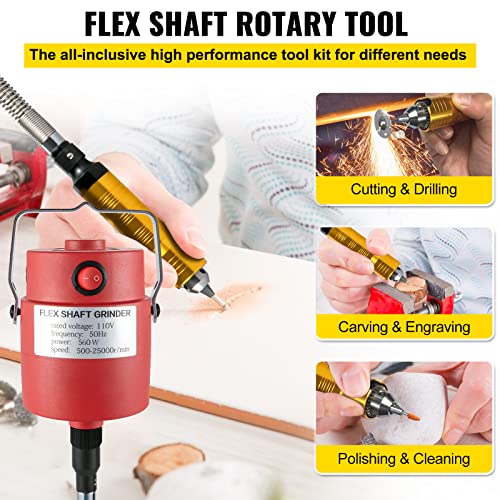 VEVOR Flex Shaft Grinder 560W Rotary Tool with 1/4" 3-Jaw Chuck & Stepless Speed Foot Pedal Rotary Carver 500-25000RPM Hanging Grinding Machine 131PCS for Carving, Buffing,Drilling,Polishing