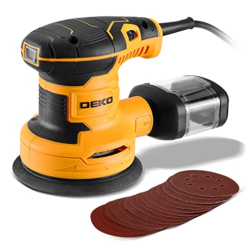 DEKOPRO Random Orbit Sander 2.5A with 16Pcs Sandpapers, 6 Variable Speed 14000RPM Electric Sander, 5 Inches Hand Sander Tool, High Performance Dust Collection System, Fit for Woodworking/Sanding