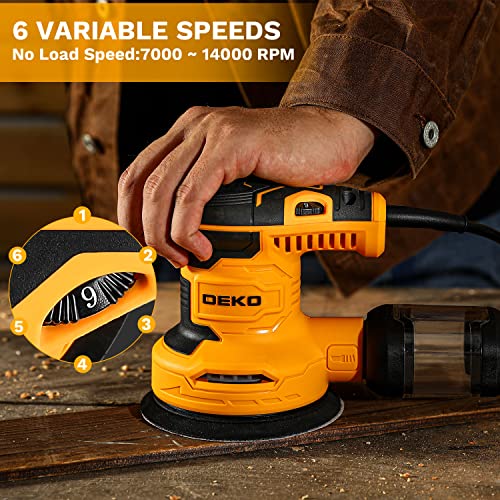 DEKOPRO Random Orbit Sander 2.5A with 16Pcs Sandpapers, 6 Variable Speed 14000RPM Electric Sander, 5 Inches Hand Sander Tool, High Performance Dust Collection System, Fit for Woodworking/Sanding