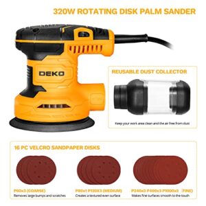 DEKOPRO Random Orbit Sander 2.5A with 16Pcs Sandpapers, 6 Variable Speed 14000RPM Electric Sander, 5 Inches Hand Sander Tool, High Performance Dust Collection System, Fit for Woodworking/Sanding