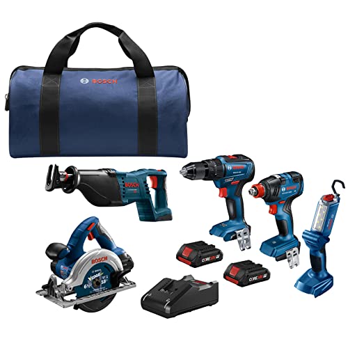 BOSCH GXL18V-501B25 18V 5-Tool Combo Kit with Two-In-One Bit/Socket Impact Driver, 1/2 In. Hammer Drill/Driver, Reciprocating Saw, Circular Saw, LED Worklight and (2) CORE18V 4.0 Ah Compact Batteries