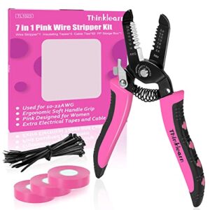 wire stripper, pink 10-22 awg wire cutters for women, wire stripping tool kit with 3pcs electrical tapes and 50pcs cable ties, multi-function hand tool, professional handle design