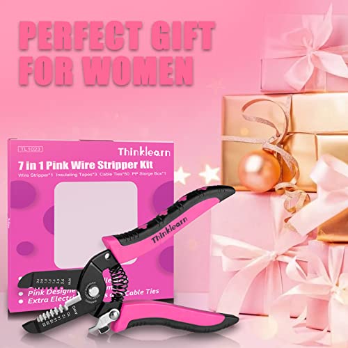 Wire Stripper, Pink 10-22 AWG Wire Cutters for Women, Wire Stripping Tool Kit with 3PCS Electrical Tapes and 50PCS Cable Ties, Multi-Function Hand Tool, Professional Handle Design