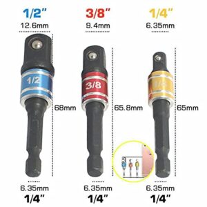 Impact Grade Socket Adapter 3 Pack Set, 1/4", 3/8", and 1/2" Drive, Socket to Drill Adpater for Impact Drivers, Turns Power Drill Into High Speed Nut Driver, Tools Gift for Men, DIYers