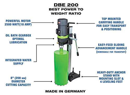 CS Unitec DBE 201 8" Capacity Concrete Core Drill - Wet Diamond Core Drilling Rig - For Concrete, Brick, Block, and Stone - MADE IN GERMANY - 110V