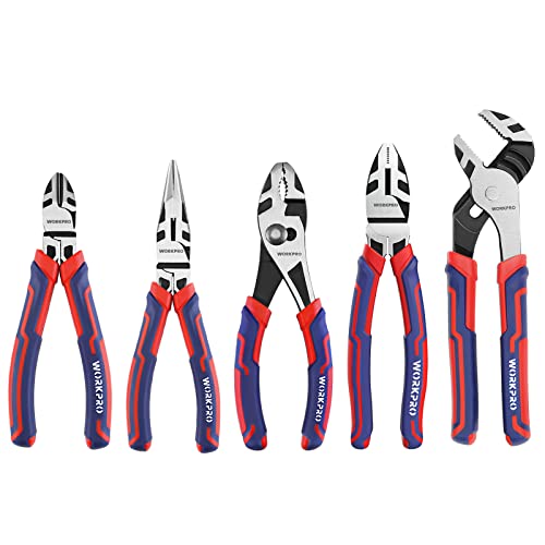 WORKPRO Pliers Set, Premium Cr-V Construction, Includes 6 Inch Slip Joint Pliers, 6 Inch Long Nose, 6 Inch Diagonal Cutting, 8 Inch Groove Joint, 7 Inch Linesman and Storage Pouch, for Basic Repair