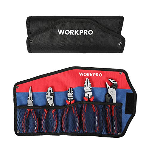 WORKPRO Pliers Set, Premium Cr-V Construction, Includes 6 Inch Slip Joint Pliers, 6 Inch Long Nose, 6 Inch Diagonal Cutting, 8 Inch Groove Joint, 7 Inch Linesman and Storage Pouch, for Basic Repair