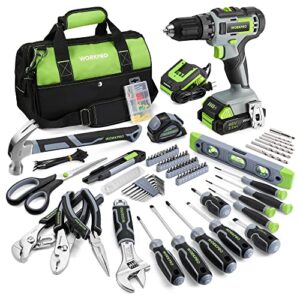 workpro cordless drill combo kit, 157pcs power tool set with 20v cordless lithium-ion power drill driver, cordless drill set with wide mouth open tool bag